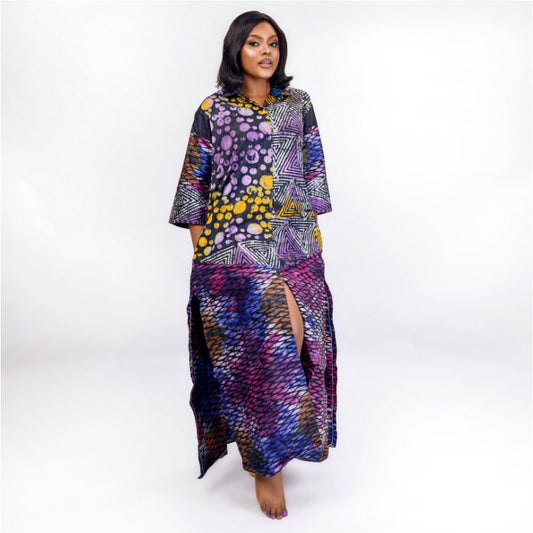 Tosin - Long Shirt Dress in Adire African Print