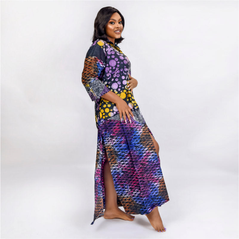 Tosin - Long Shirt Dress in Adire African Print